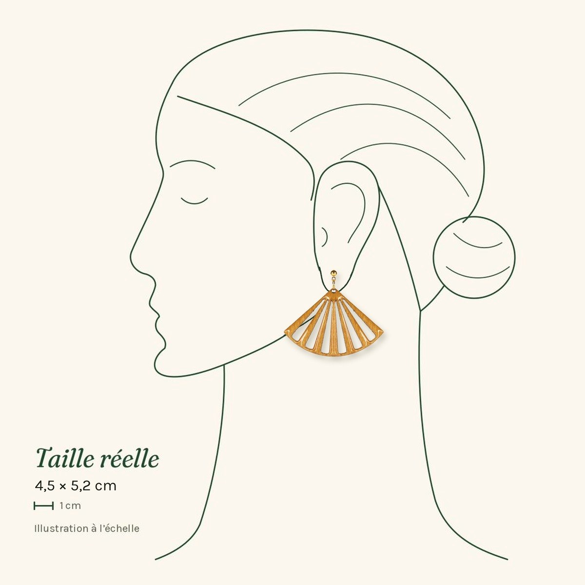 Boucle d'oreille Colette éventail doré à taille réelle sur une silhouette de profil