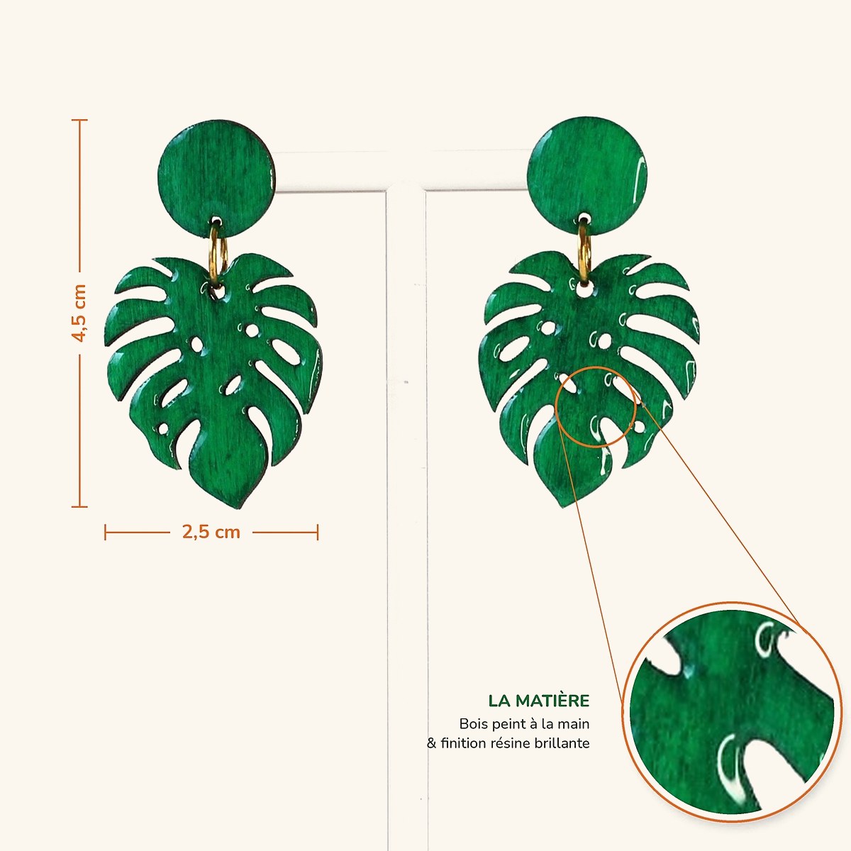 Détail des boucles Lola : grain du bois peint et résine brillante, 4,5 × 2,5 cm