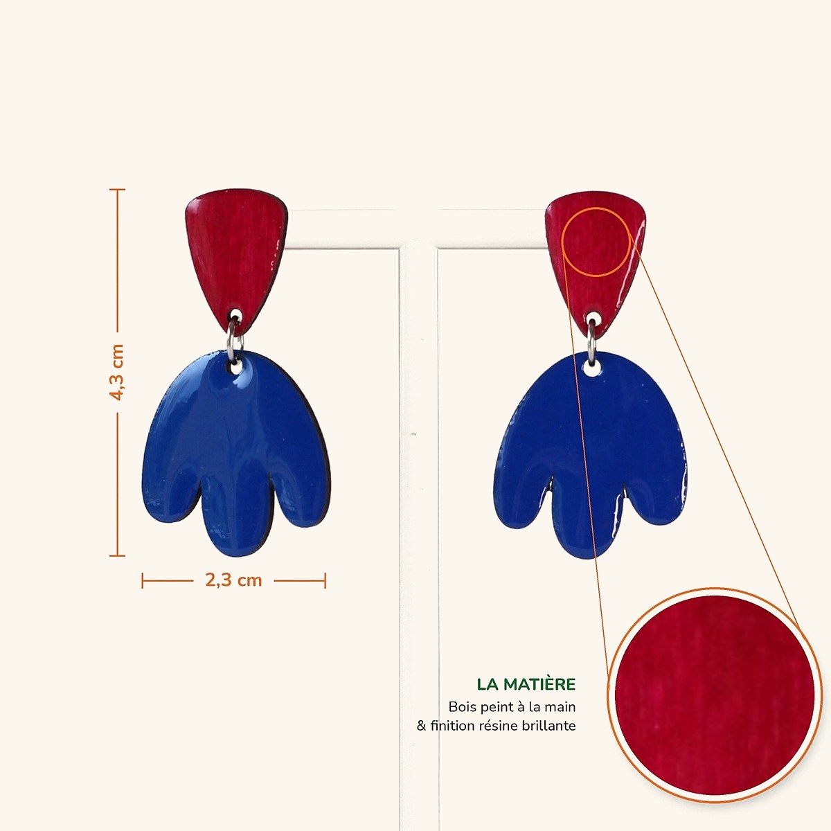 Détail des boucles Mathilde : grain du bois peint et résine brillante, 4,3 × 2,3 cm